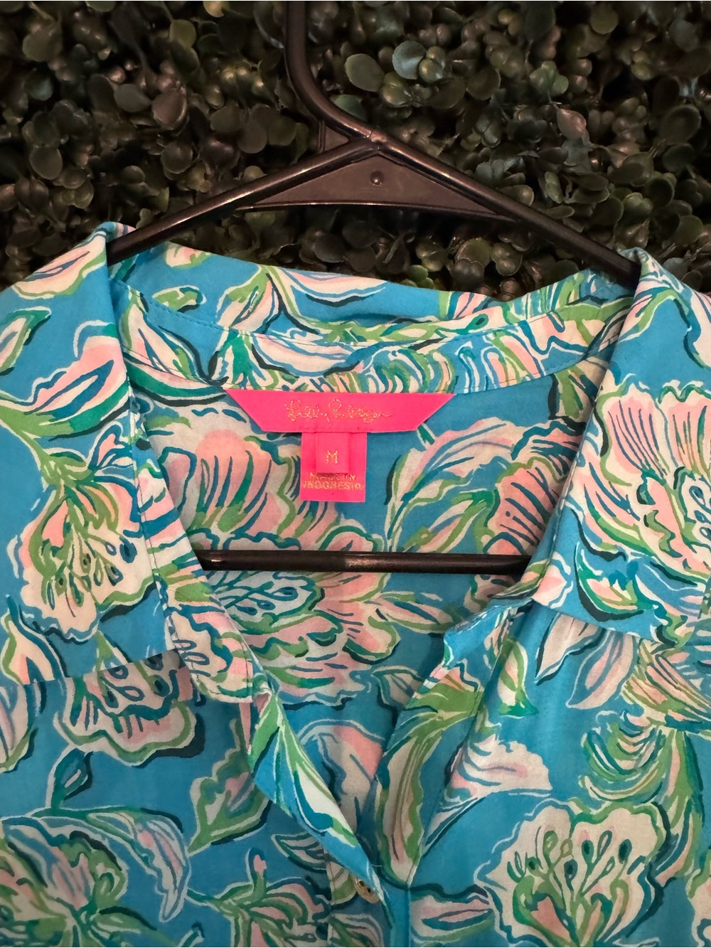 Lilly Pulitzer Turquoise Floral Collared Shirtdress with Pink & Green Accents - Picture 3 of 5
